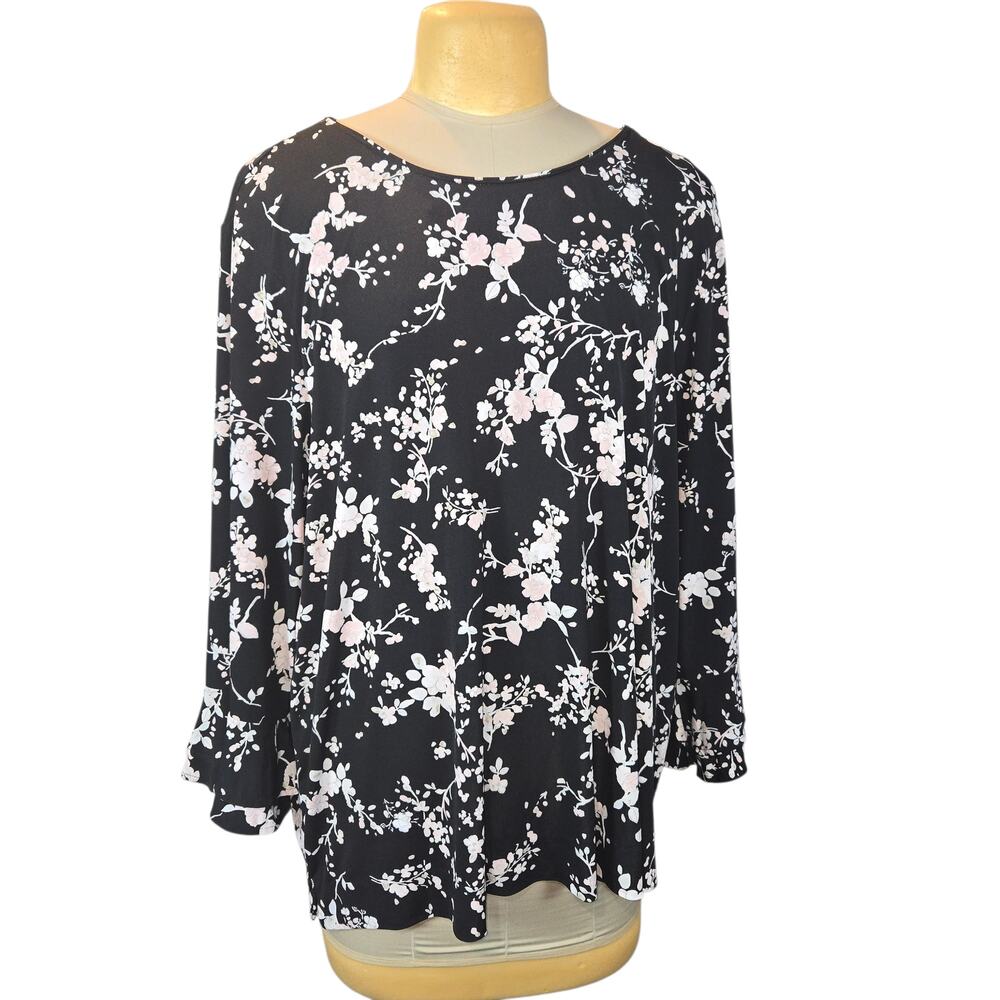 Karl Lagerfeld Paris Women's 3X Black Pink Floral Bell Sleeve Blouse Boho Career